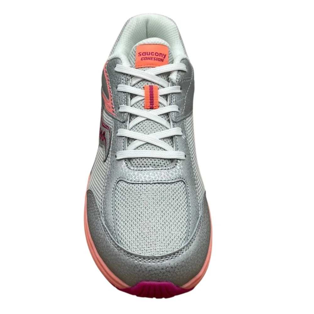 Saucony Cohesion Youth Girls Running Shoe Size 7 (Fits like 6) Wide Silver Coral